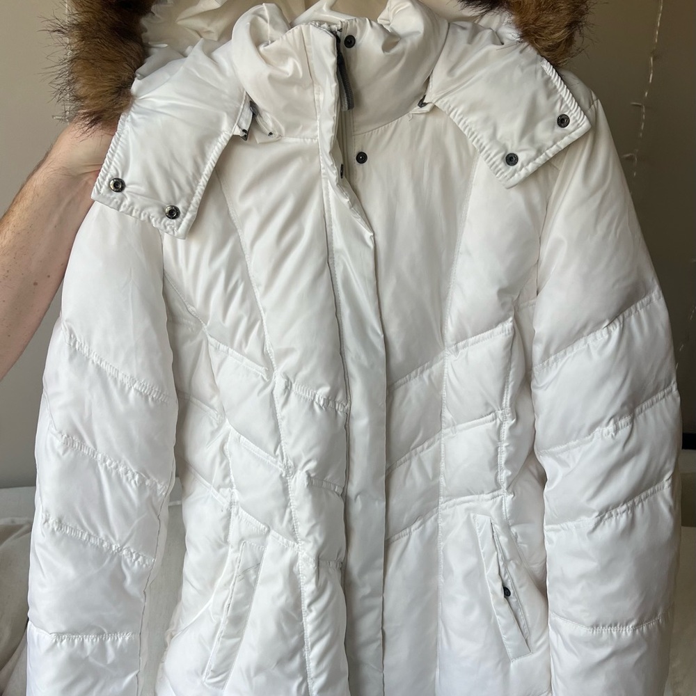 Marc New York White Puffer Jacket with Faux Fur Hood